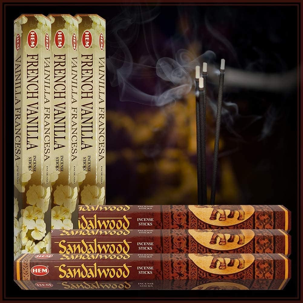 Sandalwood Incense Sticks and French Vanilla Incense Sticks with Incense Holder Bundle for Home Fragrance and Spiritual Décor