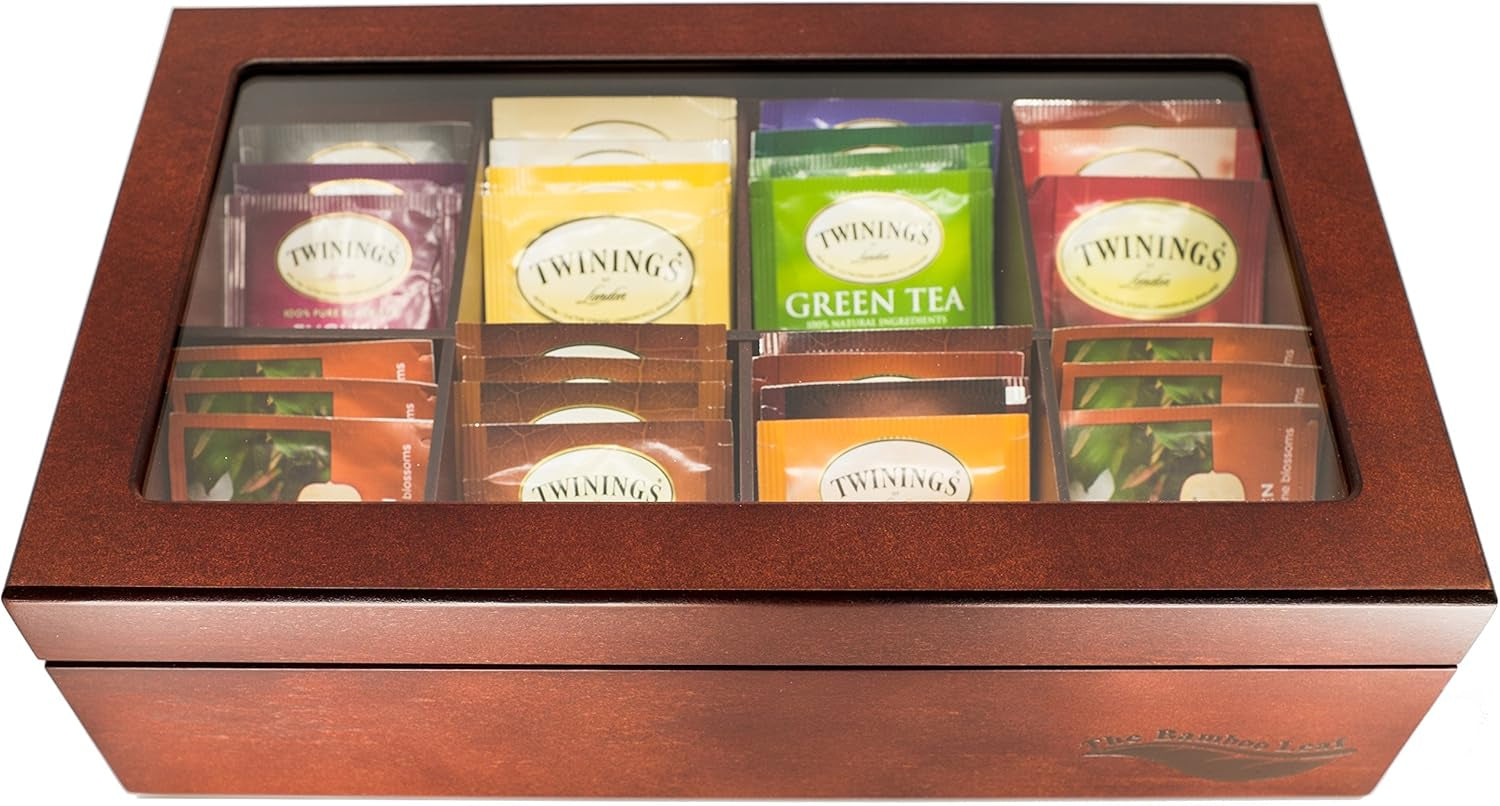 Wooden Tea Box Storage Chest, 8 Compartments W/Glass Window (Cherrywood)