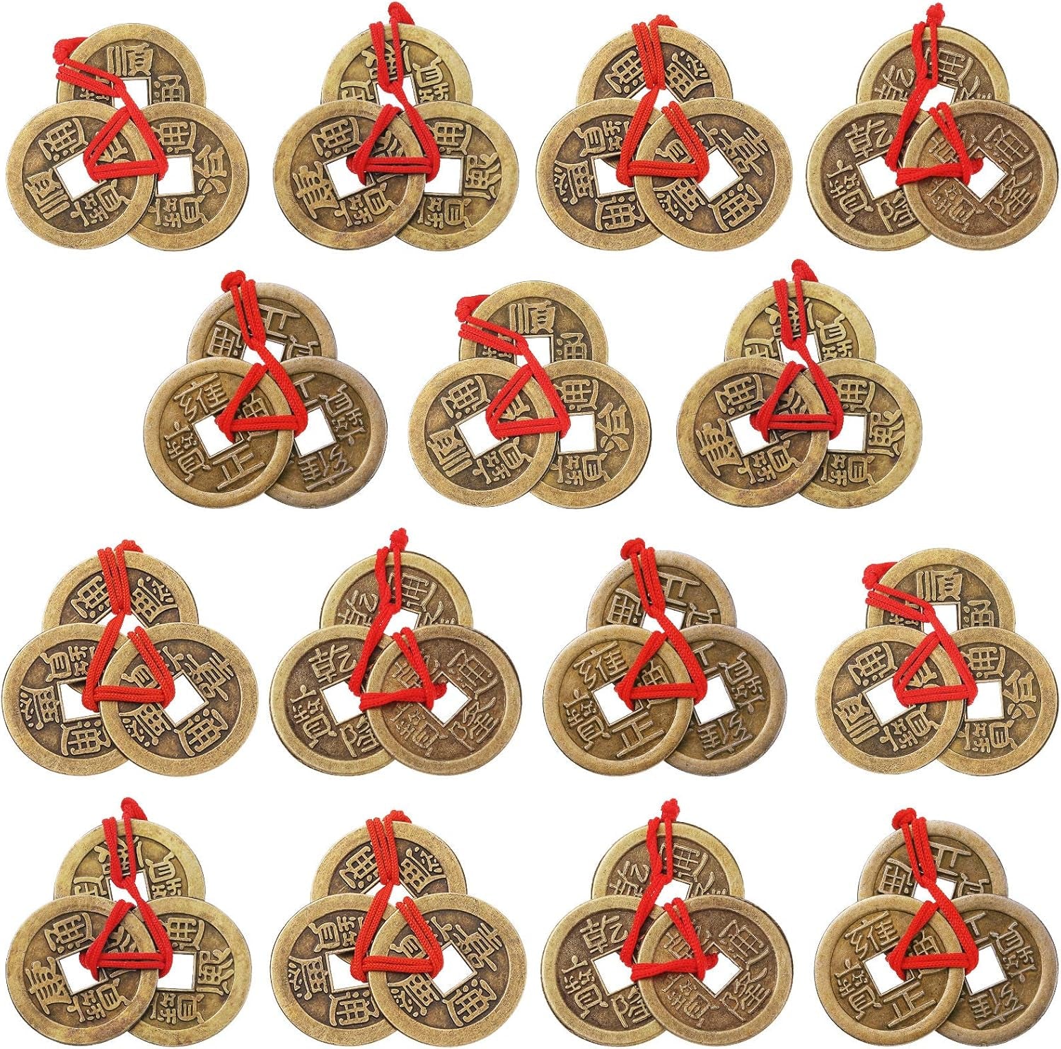 Chinese Fortune Coins Feng Shui I Ching Good Luck Coins Traditional Brass New Year Favor with Red String for Wealth and Success, 5 Styles (15 Pieces)