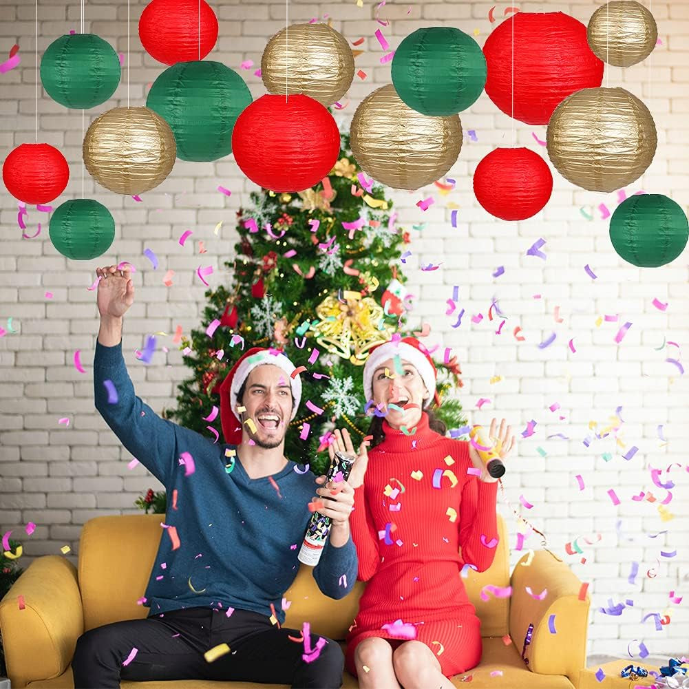 Paper Lanterns Decorative, round Hanging Paper Lanterns Decorations for Christmas Graduation Anniversary Birthday Party Supplies Green/Red/Gold 15Pcs