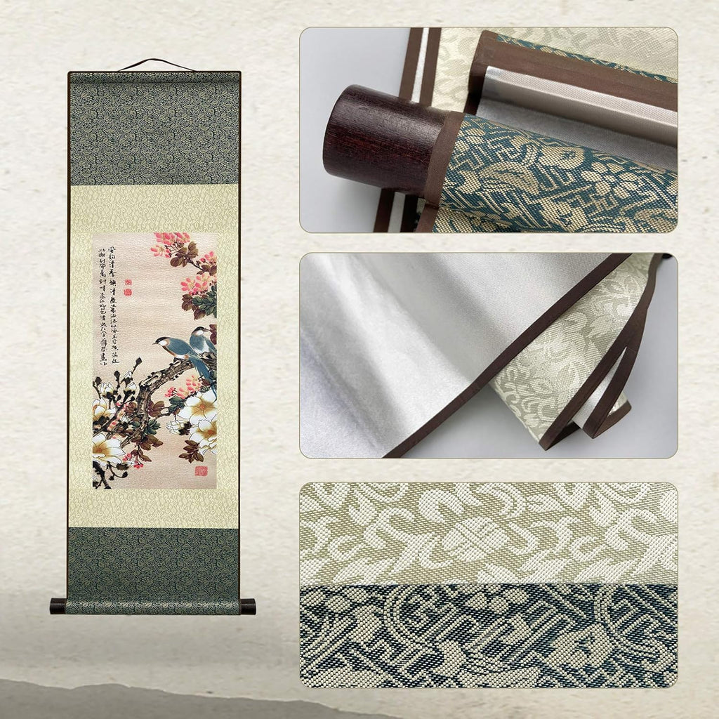 Asian Wall Decor Beautiful Silk Scroll Painting Flowers and Birds Oriental Decor Chinese Art Wall Scroll Wall Hanging Painting Scroll (36.2 X 12 In)