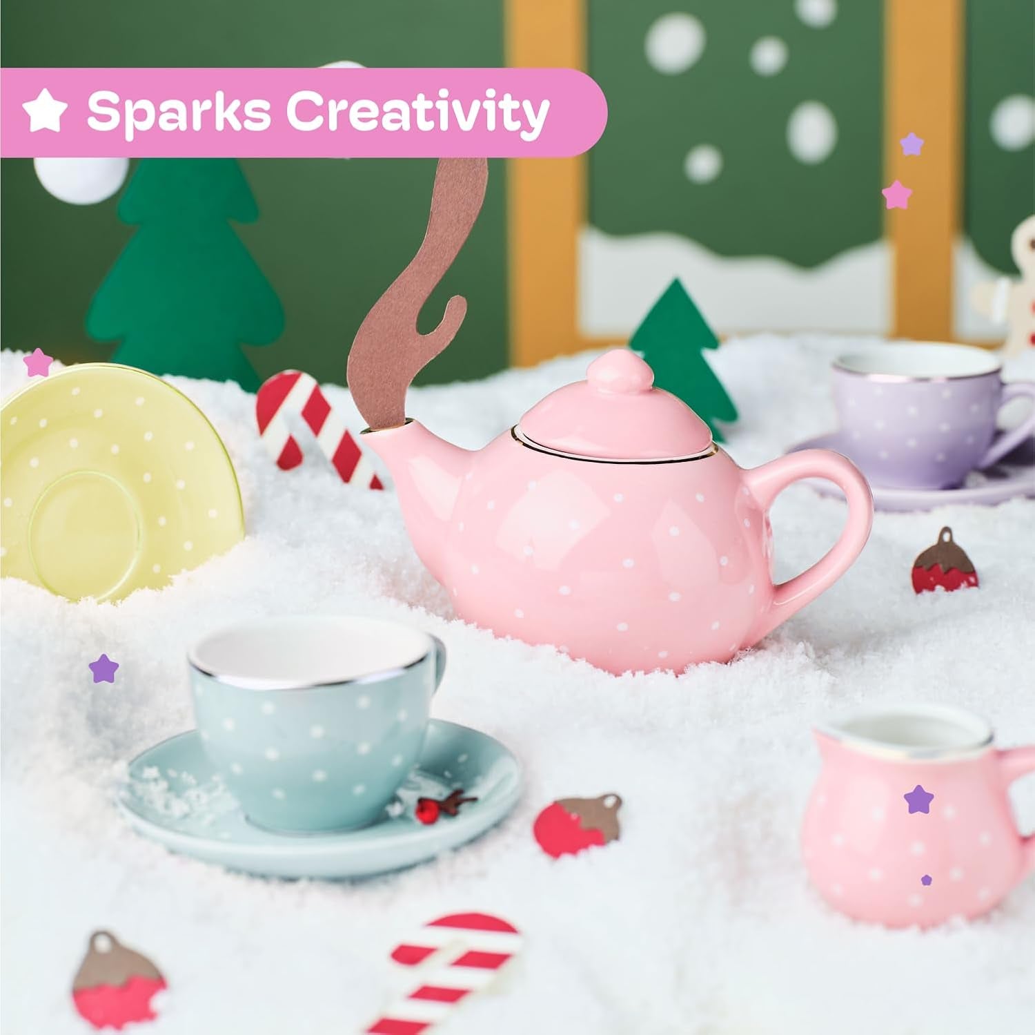 13 Pieces Porcelain Tea Set for Little Girls with Pastel Picnic Basket - Mini Toddler Tea Sets for Girls 2 and up - Real Cups, Teapot, and Saucers - Children Playset - Polka Dots Design