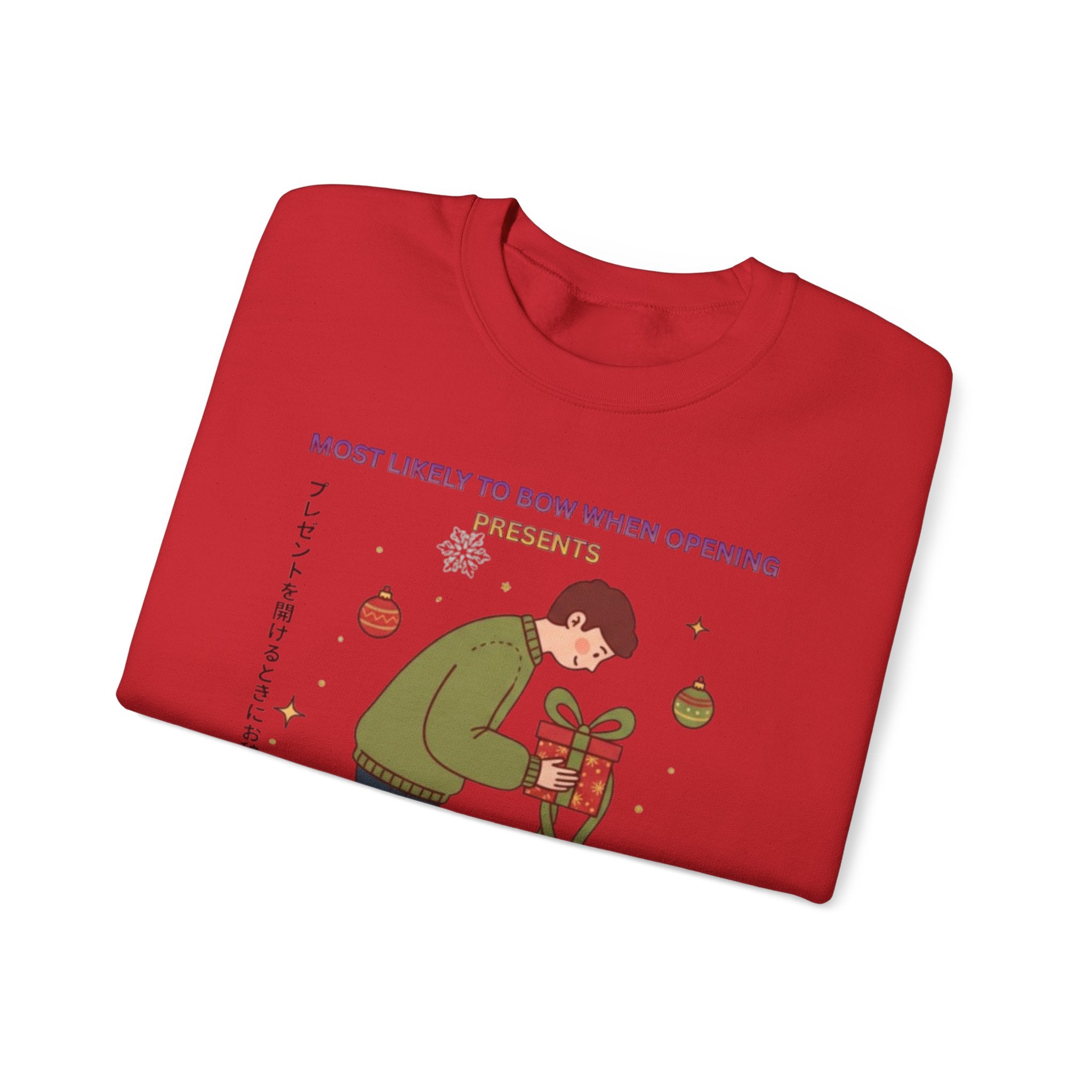Holiday Bowing Gift Sweatshirt — “Most Likely to Bow When Opening Presents” Crewneck