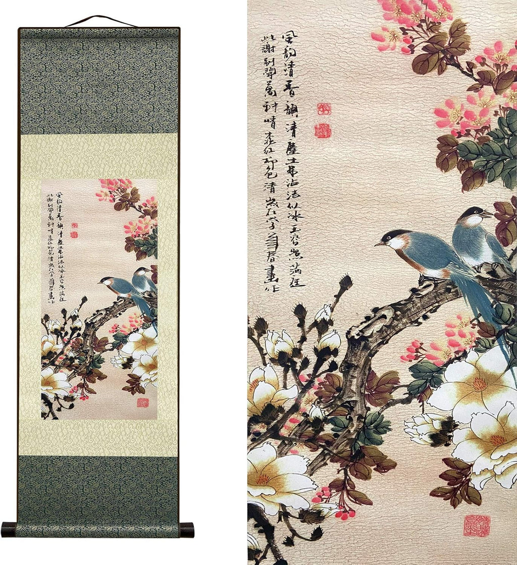 Asian Wall Decor Beautiful Silk Scroll Painting Flowers and Birds Oriental Decor Chinese Art Wall Scroll Wall Hanging Painting Scroll (36.2 X 12 In)