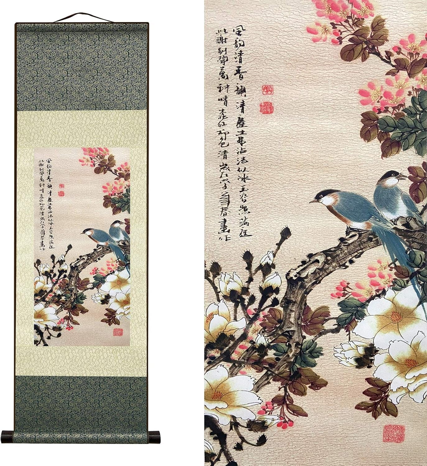 Asian Wall Decor Beautiful Silk Scroll Painting Flowers and Birds Oriental Decor Chinese Art Wall Scroll Wall Hanging Painting Scroll (36.2 X 12 In)