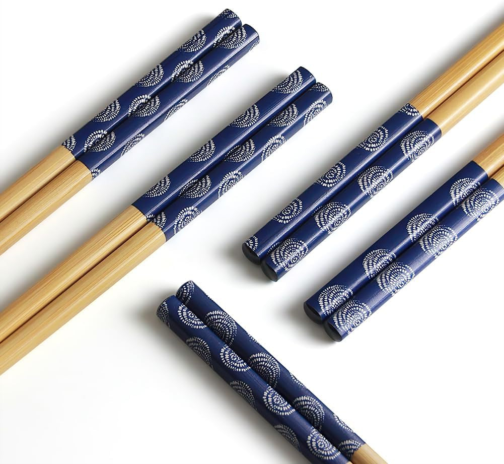 5-Pair Bamboo Chopsticks Reusable Classic Japanese Chop Sticks Gift Set, Dishwasher Safe, Hand-Carved 8.8 Inch/22.5Cm (Blue round Chopsticks with Box)