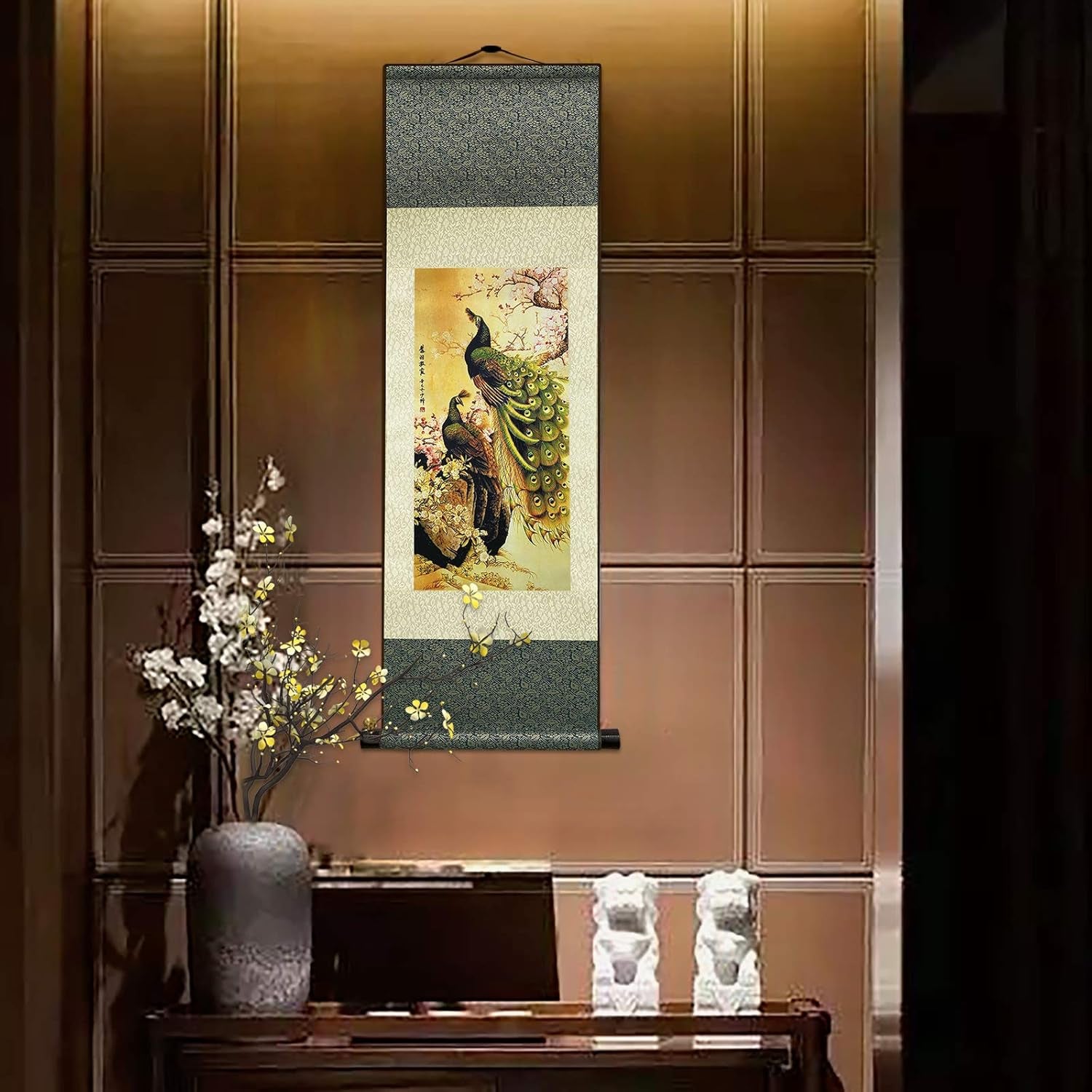 Asian Wall Decor Beautiful Silk Scroll Painting Birds - Peacock - Cuiyu Pixia Oriental Decor Chinese Art Wall Scroll Wall Hanging Painting Scroll (36.2 X 12 In)