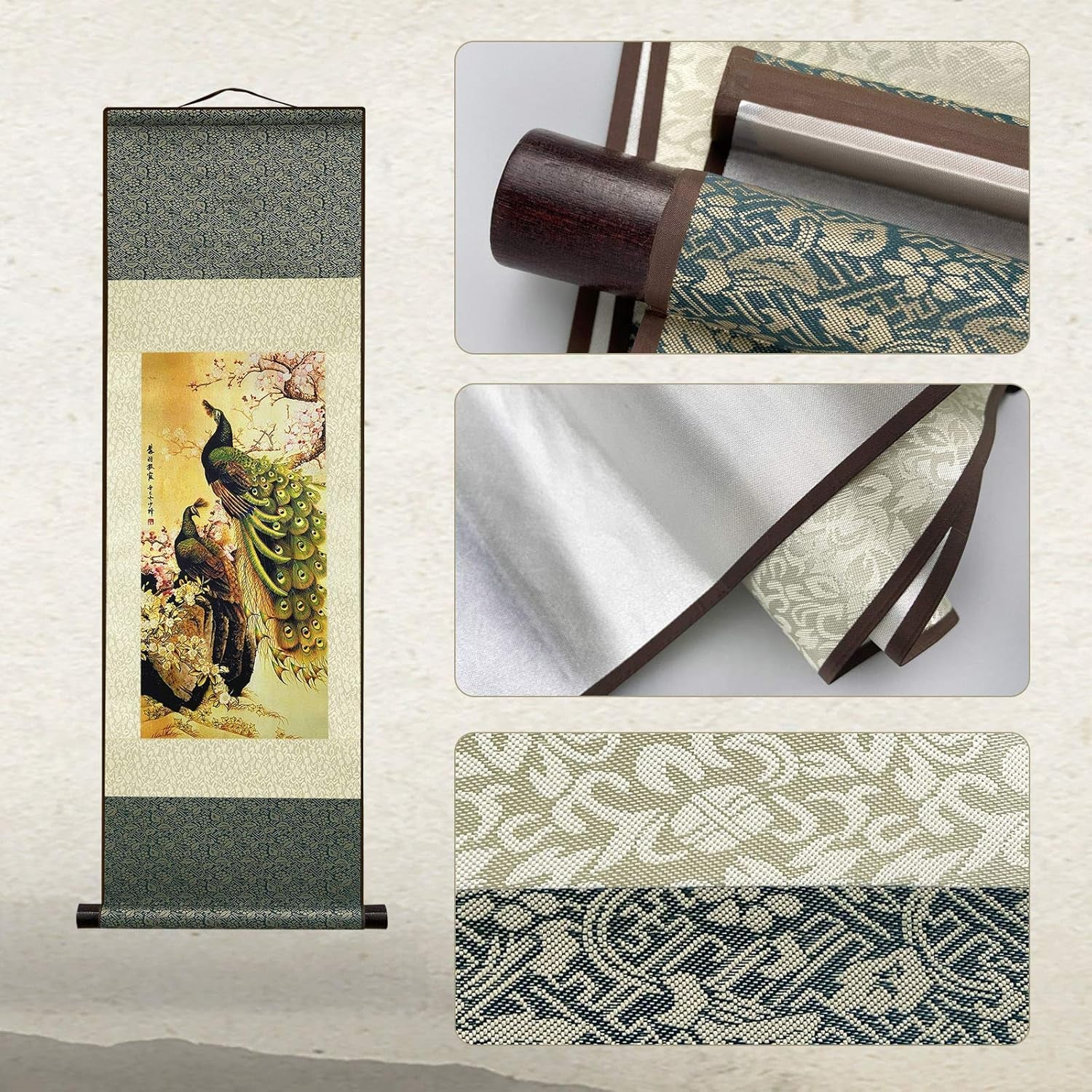 Asian Wall Decor Beautiful Silk Scroll Painting Birds - Peacock - Cuiyu Pixia Oriental Decor Chinese Art Wall Scroll Wall Hanging Painting Scroll (36.2 X 12 In)