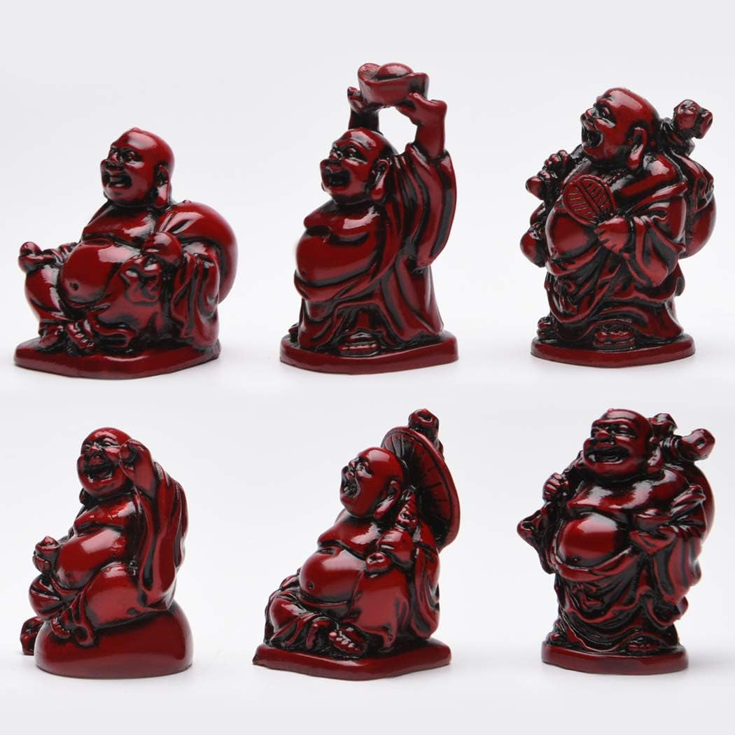 BRABUD 2'' Red Resin Laughing Buddha Figurines Good Gift and Collection Set of 6