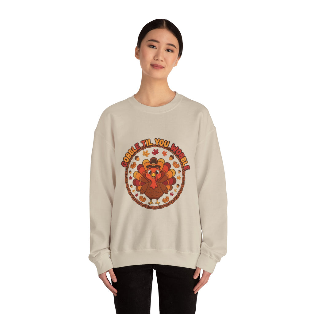 Thanksgiving Sweatshirt — "Gobble ’Til You Wobble" Cute Retro Turkey Crewneck