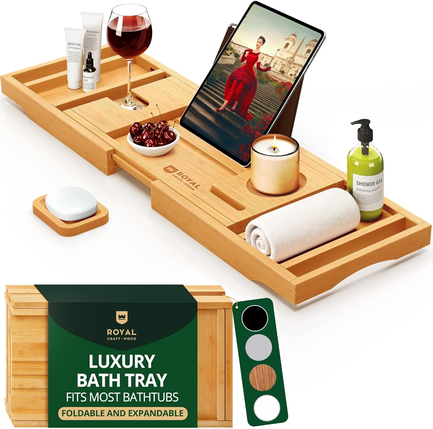 Bathtub Tray Caddy for Tub, Bamboo Bath Shelf, Premium Foldable Wood Bath Table, Expandable Bathtub & Bathroom Accessories, New Home Gifts for Mom, Housewarming, Anniversary, Wedding