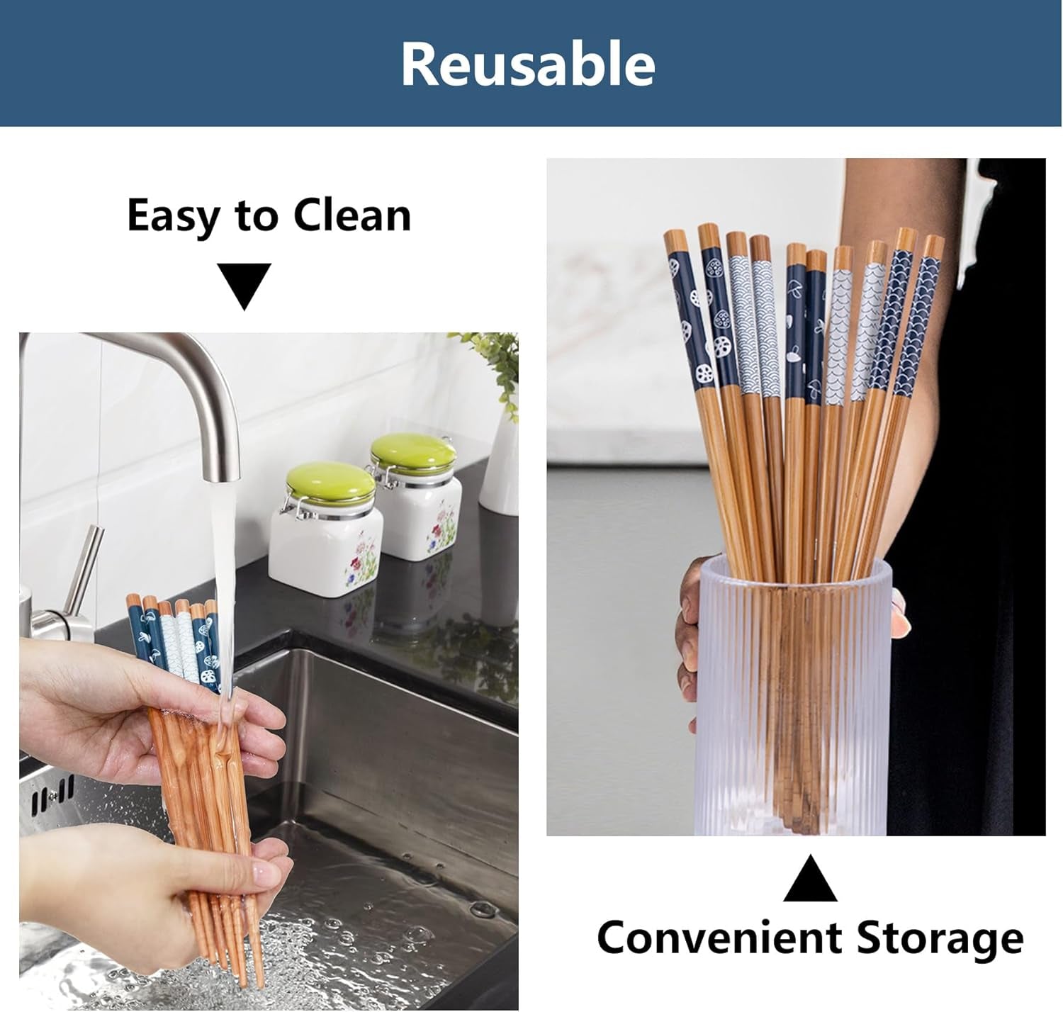 5 Pairs Bamboo Chopsticks Reusable Chop Sticks Japanese Style Bamboo Chopstick with Black Box Lightweight 8.8 Inch/22.5Cm Non-Slip Chopsticks Gift Set