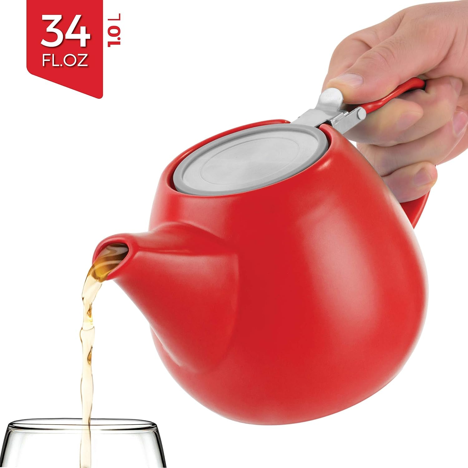 - Jove Porcelain Large Teapot Red - 34.0-Ounce (3-4 Cups) - Japanese Made - Stainless Steel Lid and Extra-Fine Infuser to Brew Loose Leaf Tea - 1000Ml