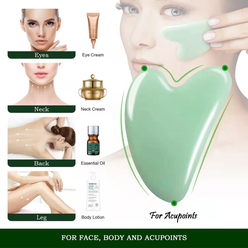 Gua Sha Facial Tool - Jade Stone Massager for Spa Acupuncture Therapy - Heart Shape Guasha for Face