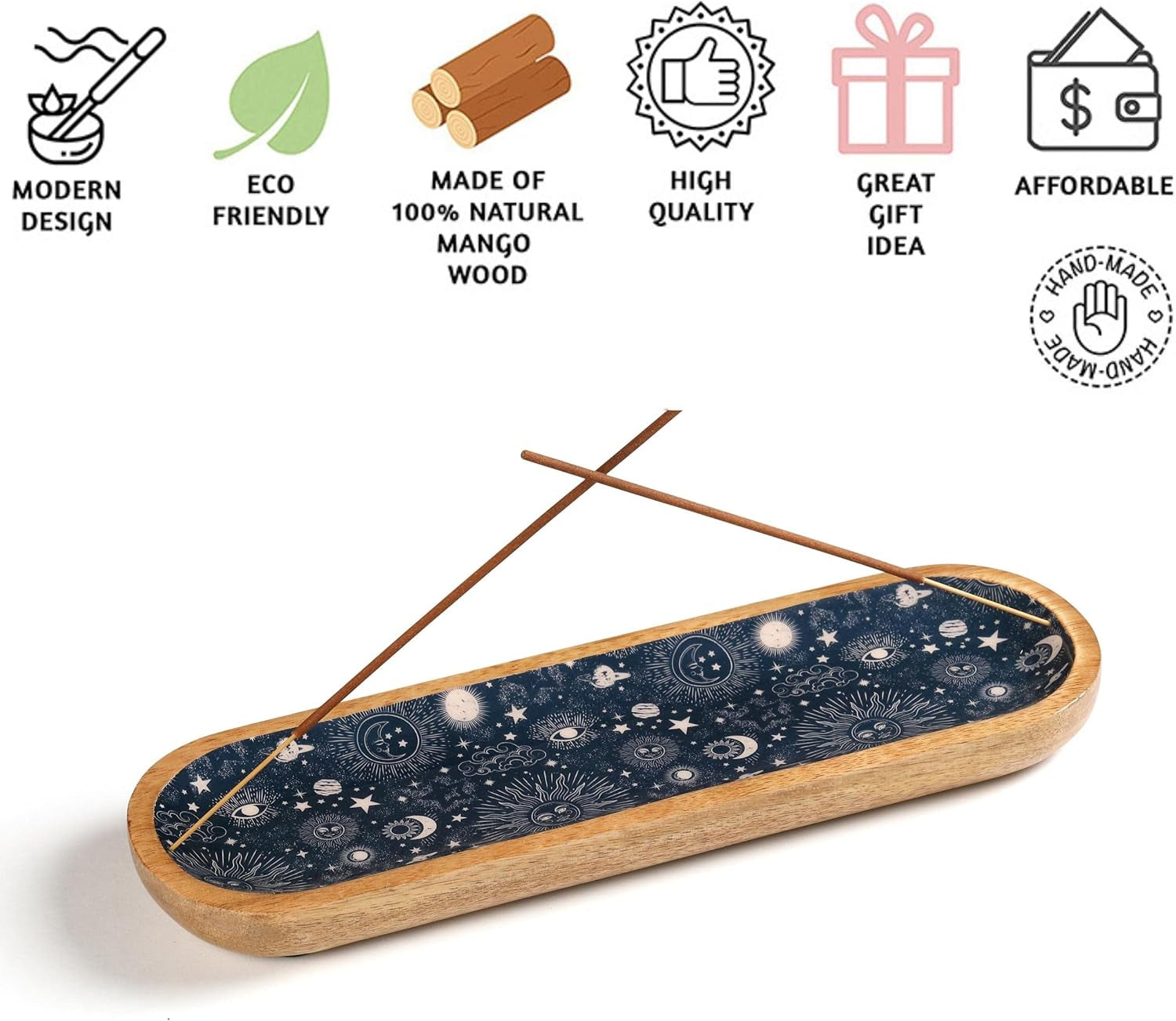 Incense Holder for Sticks or Incense Burner Holder, Modern Insence-Stick Holder or Ash Catcher for Home Décor, Wooden Inscents-Holders, Mango Wood Trough, Cosmic