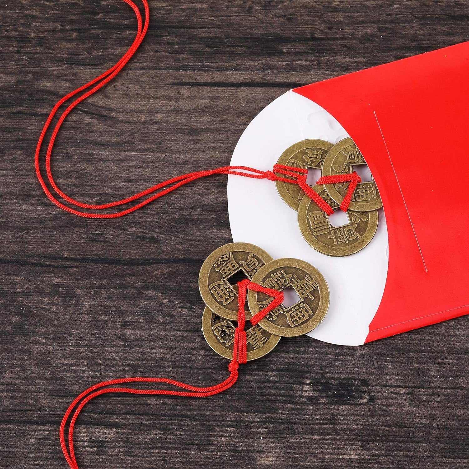 Chinese Fortune Coins Feng Shui I Ching Good Luck Coins Traditional Brass New Year Favor with Red String for Wealth and Success, 5 Styles (15 Pieces)