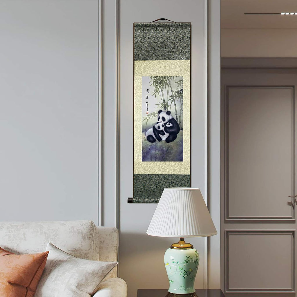 Asian Wall Decor Beautiful Silk Scroll Painting Chinese Panda National Treasure Oriental Decor Chinese Art Wall Scroll Wall Hanging Painting Scroll (36.2 X 12 In)