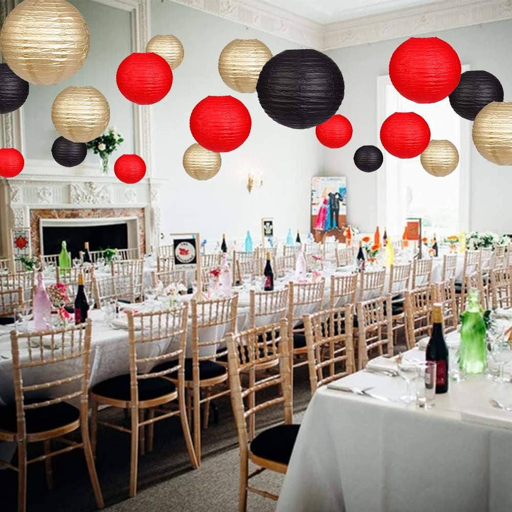 Paper Lanterns Decorative, round Hanging Paper Lanterns Decorations for Wedding Graduation Anniversary Birthday Party Supplies Black/Gold/Red 15Pcs