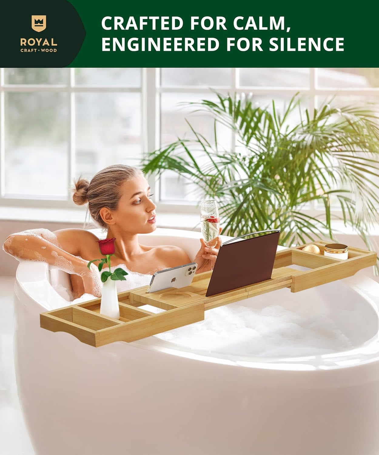 Bathtub Tray Caddy for Tub, Bamboo Bath Shelf, Premium Foldable Wood Bath Table, Expandable Bathtub & Bathroom Accessories, New Home Gifts for Mom, Housewarming, Anniversary, Wedding