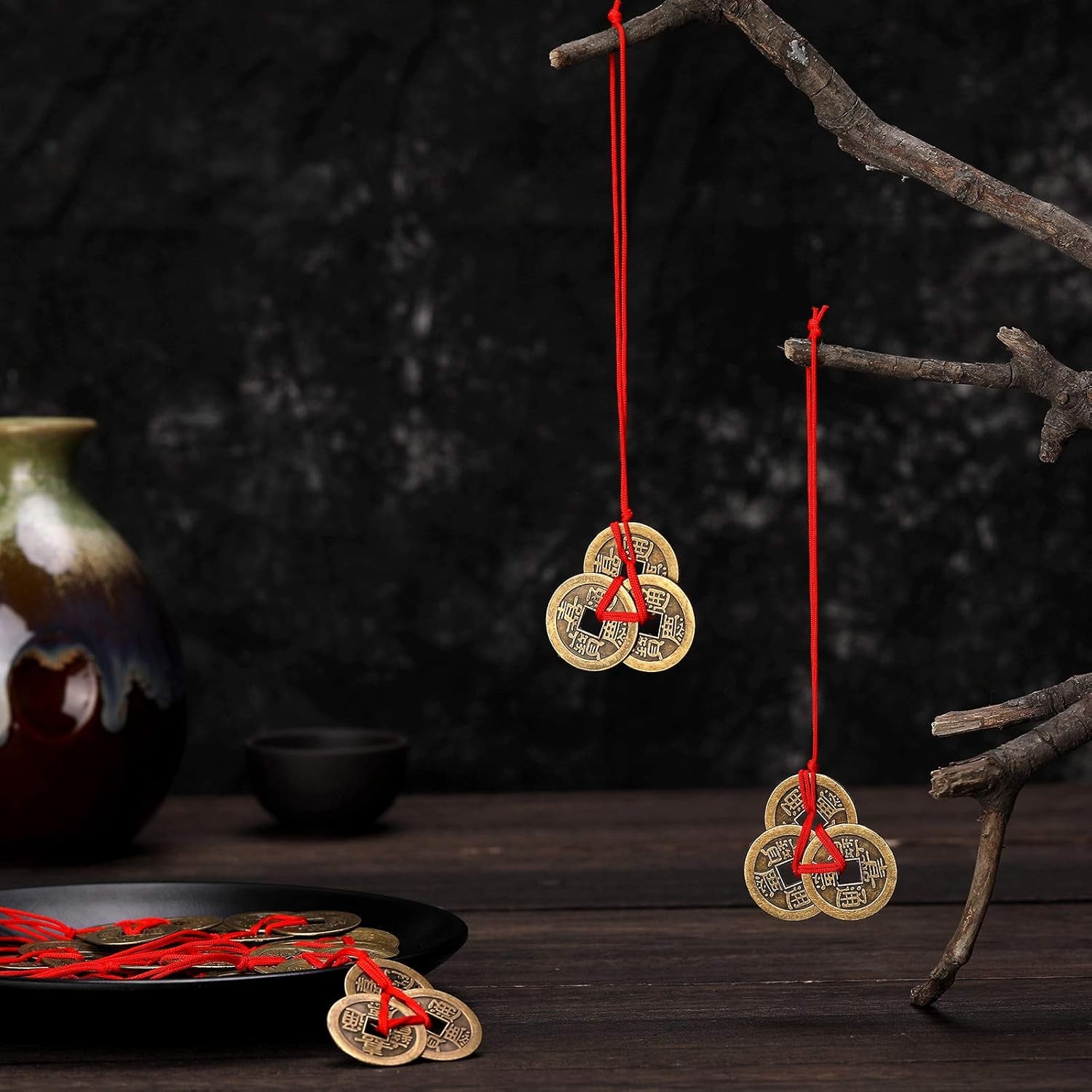 Chinese Fortune Coins Feng Shui I Ching Good Luck Coins Traditional Brass New Year Favor with Red String for Wealth and Success, 5 Styles (15 Pieces)