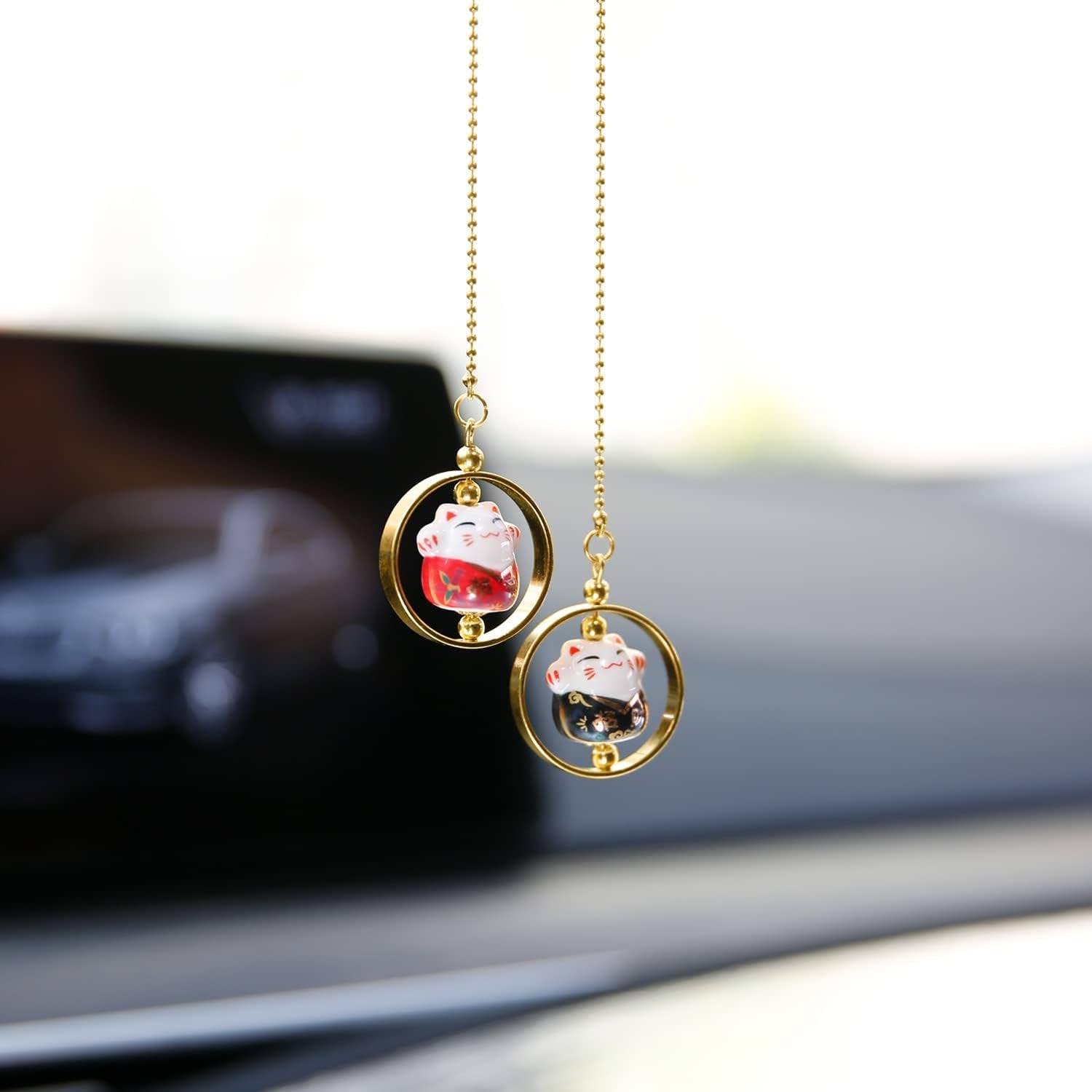 Lucky Cat Car Mirror Hanging Ornaments Porcelain Figurine Car Interior Decor Accessories (Black & Red)
