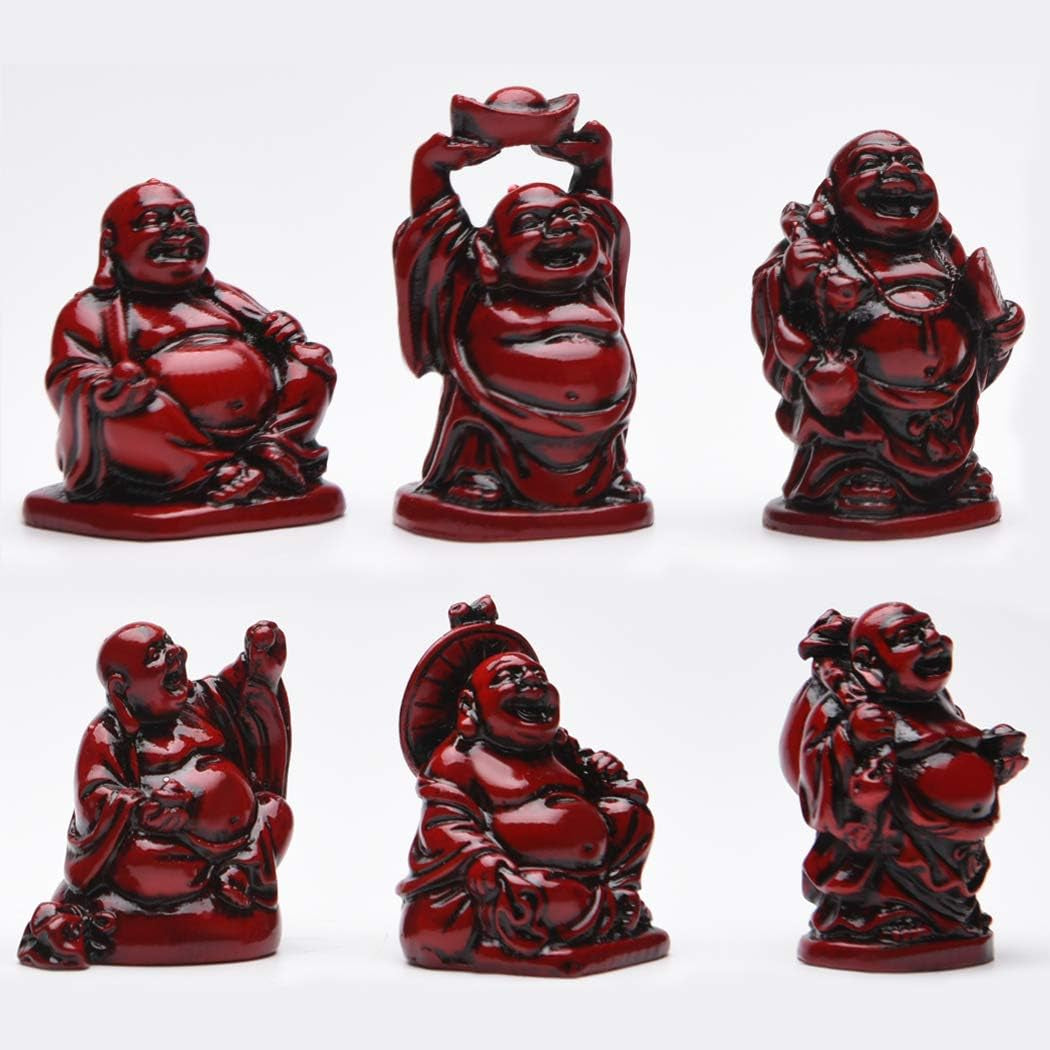 BRABUD 2'' Red Resin Laughing Buddha Figurines Good Gift and Collection Set of 6
