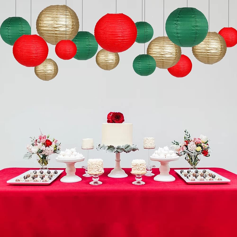 Paper Lanterns Decorative, round Hanging Paper Lanterns Decorations for Christmas Graduation Anniversary Birthday Party Supplies Green/Red/Gold 15Pcs