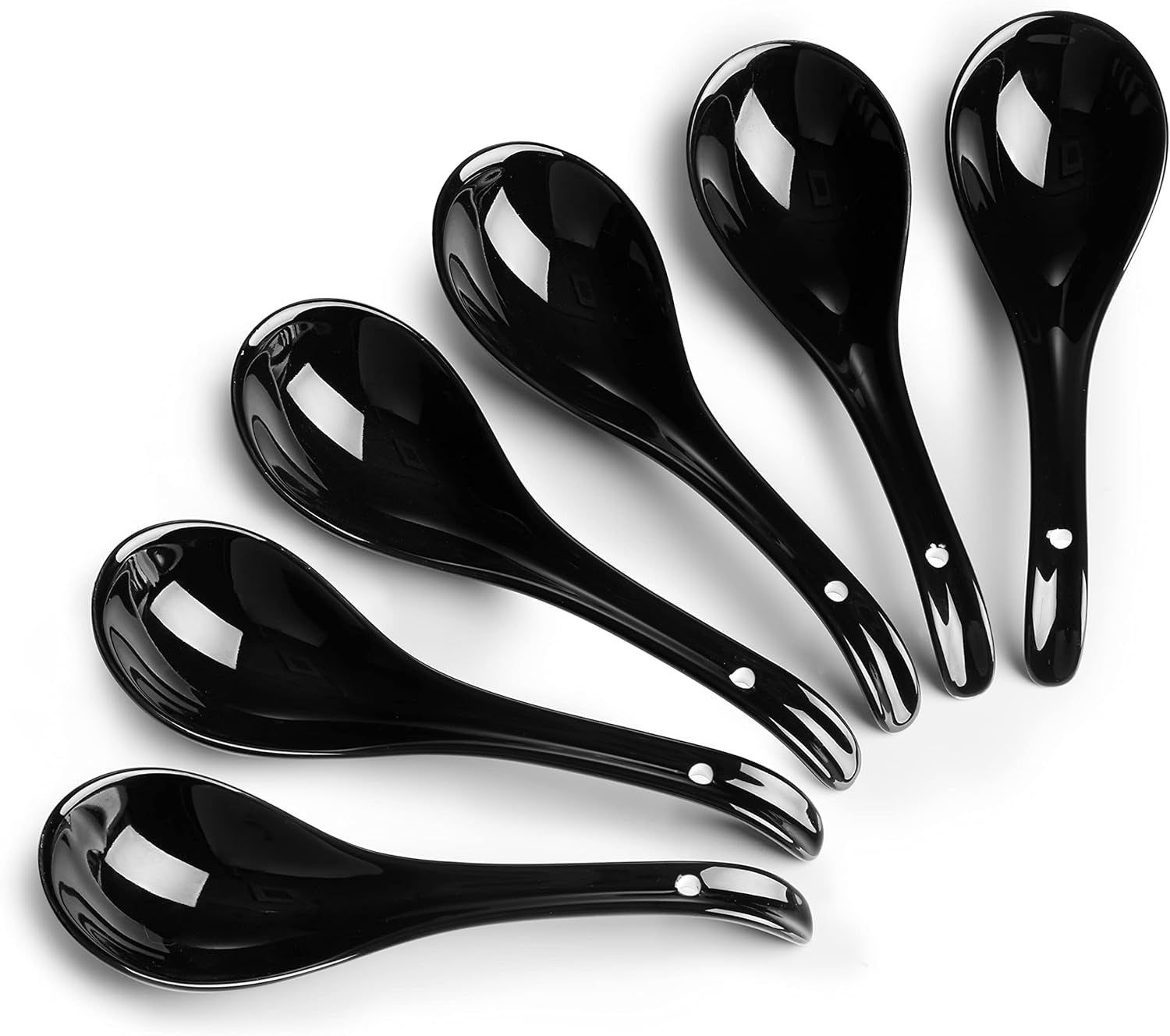 Soup Spoons, Ceramic Chinese, Asian Soup Spoons, White Japanese Spoon Large for Ramen Pho Wonton Dumpling Miso, Deep Oval Hook Design, Set of 6 (6, Black)