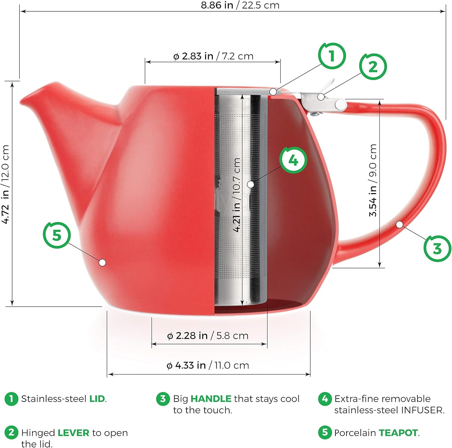 - Jove Porcelain Large Teapot Red - 34.0-Ounce (3-4 Cups) - Japanese Made - Stainless Steel Lid and Extra-Fine Infuser to Brew Loose Leaf Tea - 1000Ml