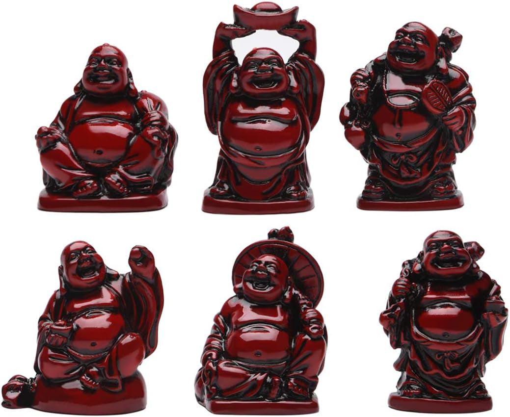 BRABUD 2'' Red Resin Laughing Buddha Figurines Good Gift and Collection Set of 6