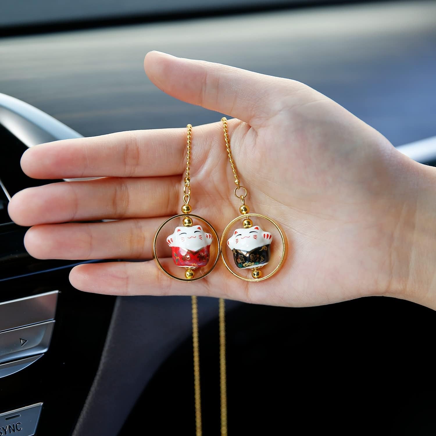 Lucky Cat Car Mirror Hanging Ornaments Porcelain Figurine Car Interior Decor Accessories (Black & Red)