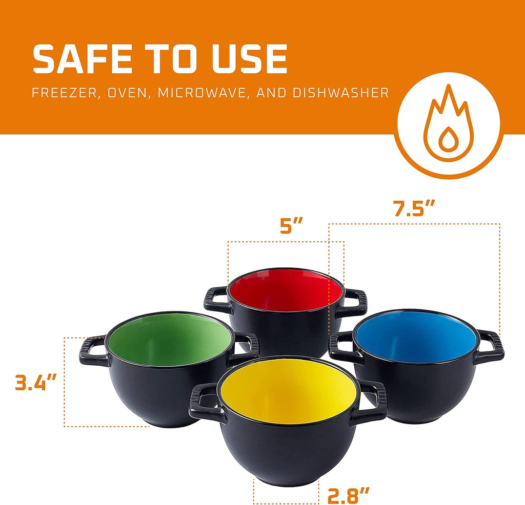 24 Oz French Onion Soup Crocks with Handles, Ceramic Bowls for Rice, Dessert, Pasta, Cereal, Dishwasher, Microwave, Oven & Broil Safe, Set of 4 Soup Mugs, Black/Multicolor