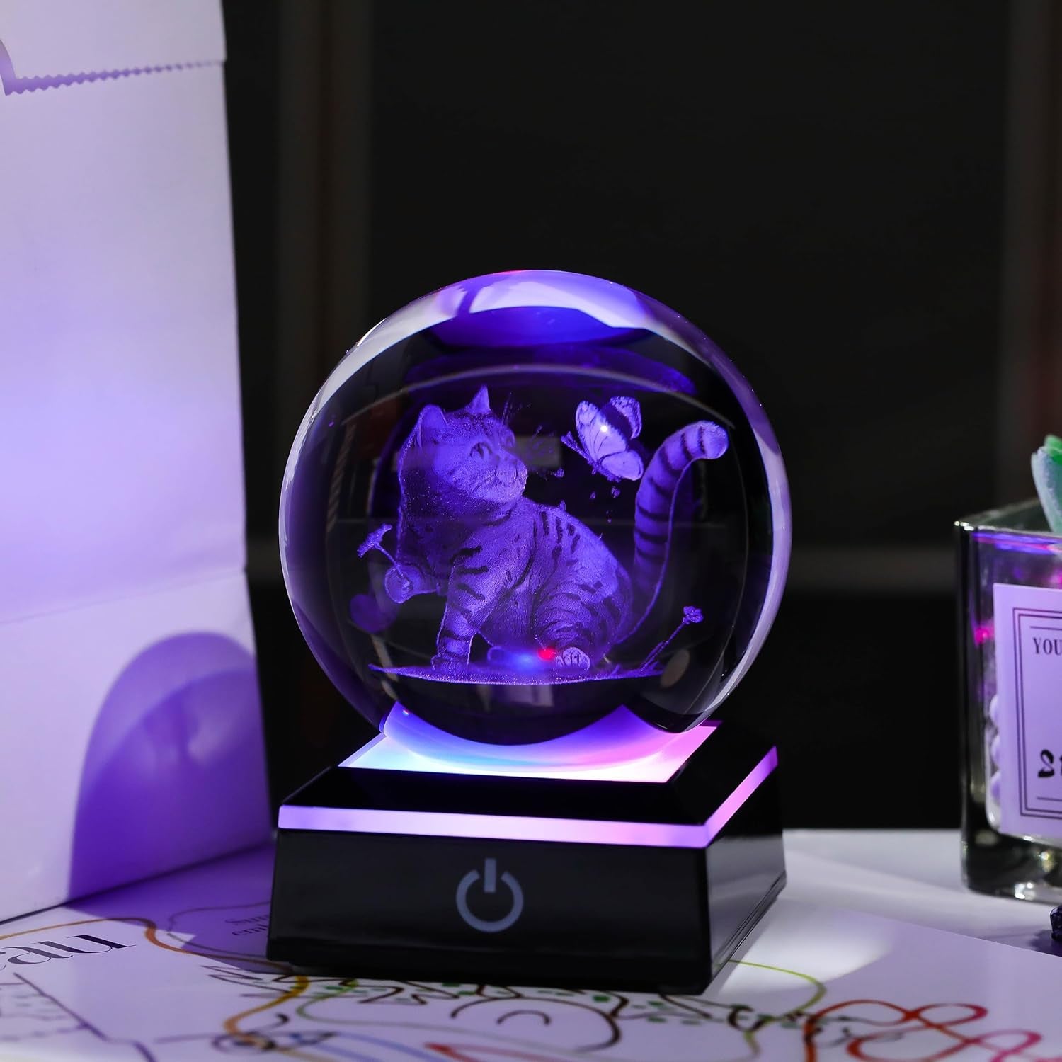 Crystal Ball - 3D Laser Cat Decor Glass Animals Red Bird Figurines Statue & Night Light