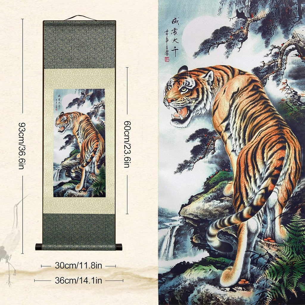 Asian Wall Decor Beautiful Silk Scroll Painting Deterrence Tiger Oriental Decor Chinese Art Wall Scroll Wall Hanging Painting Scroll (36.2 X 12 In)