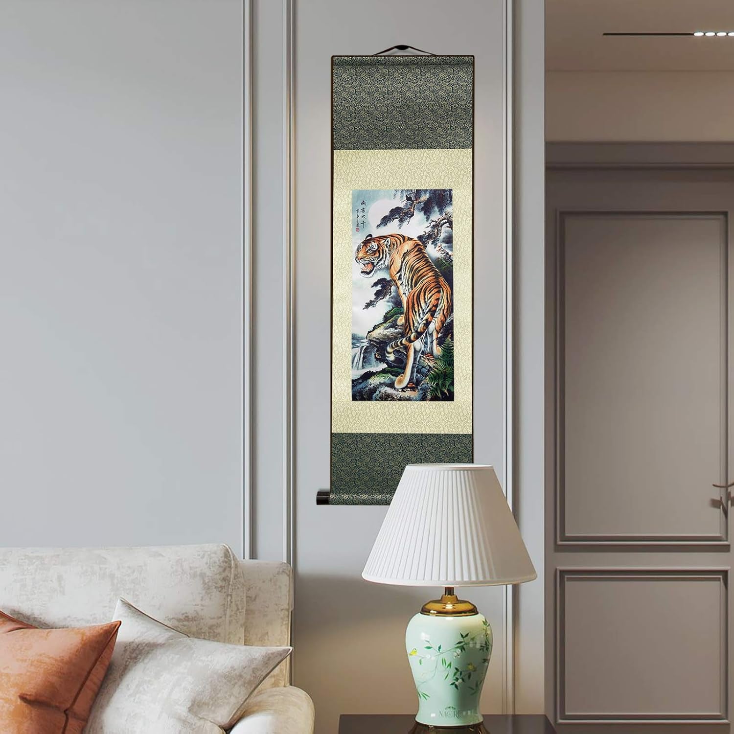 Asian Wall Decor Beautiful Silk Scroll Painting Deterrence Tiger Oriental Decor Chinese Art Wall Scroll Wall Hanging Painting Scroll (36.2 X 12 In)