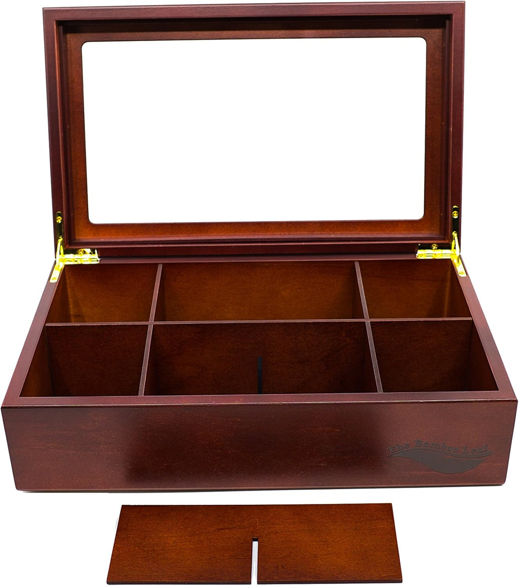 Wooden Tea Box Storage Chest, 8 Compartments W/Glass Window (Cherrywood)