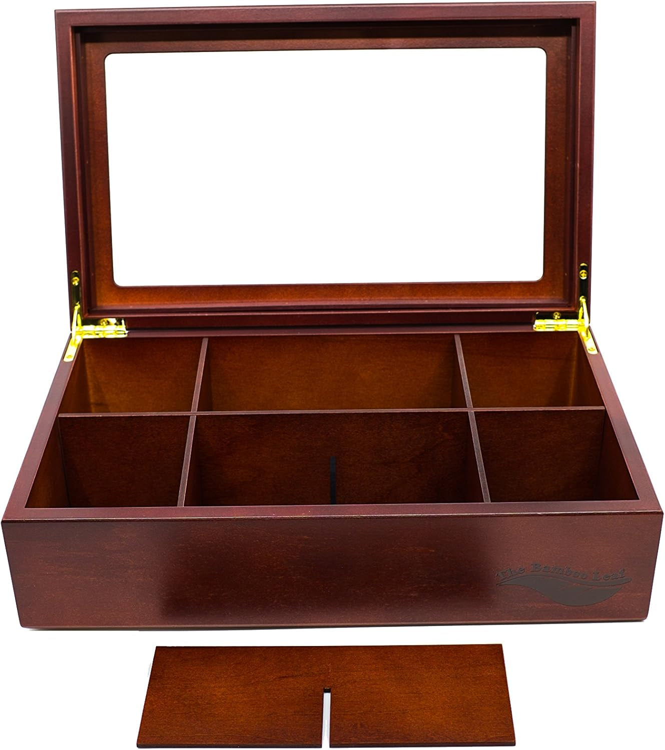 Wooden Tea Box Storage Chest, 8 Compartments W/Glass Window (Cherrywood)