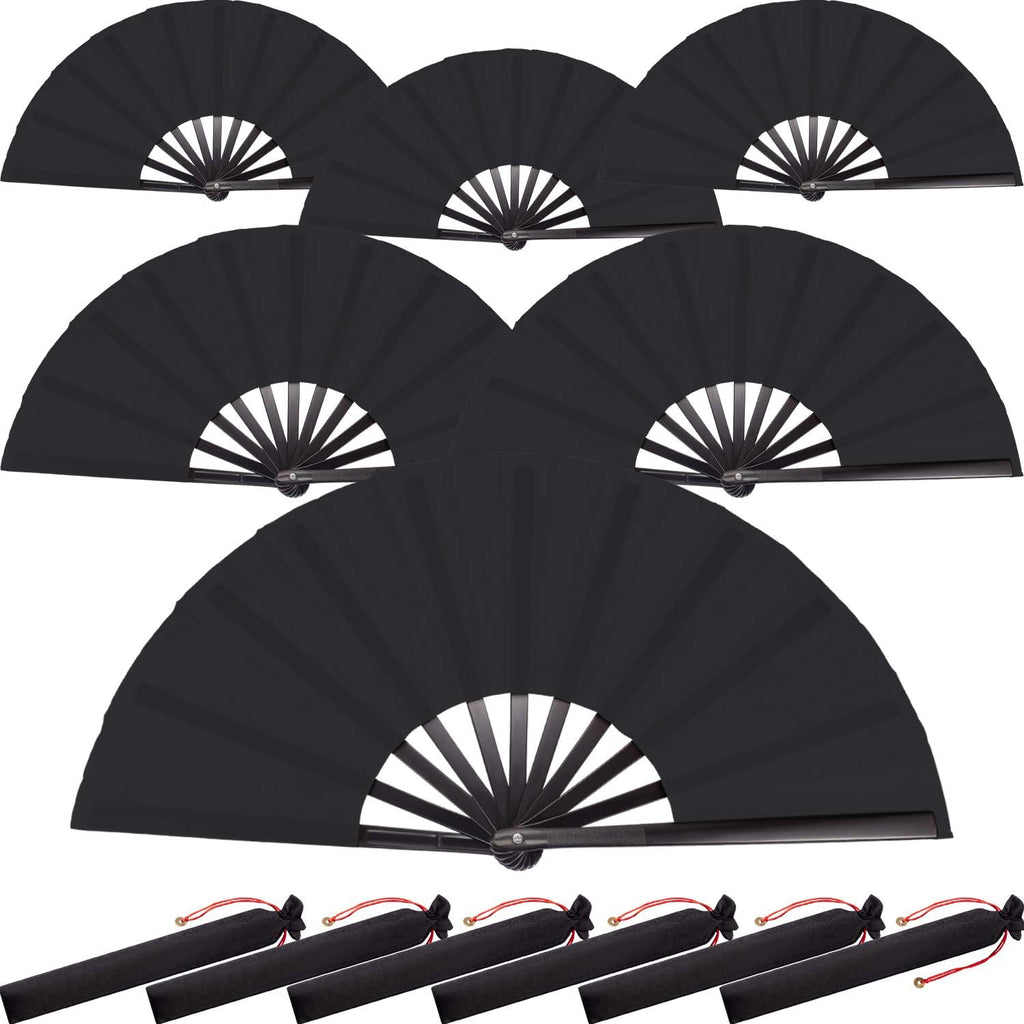 6 Packs Large Clap Fans for Line Dancing Large Chinese Folding Hand Fans for Men and Women, Festival, Tai Ji, Kungfu, Martial Art, Gifts (Black)