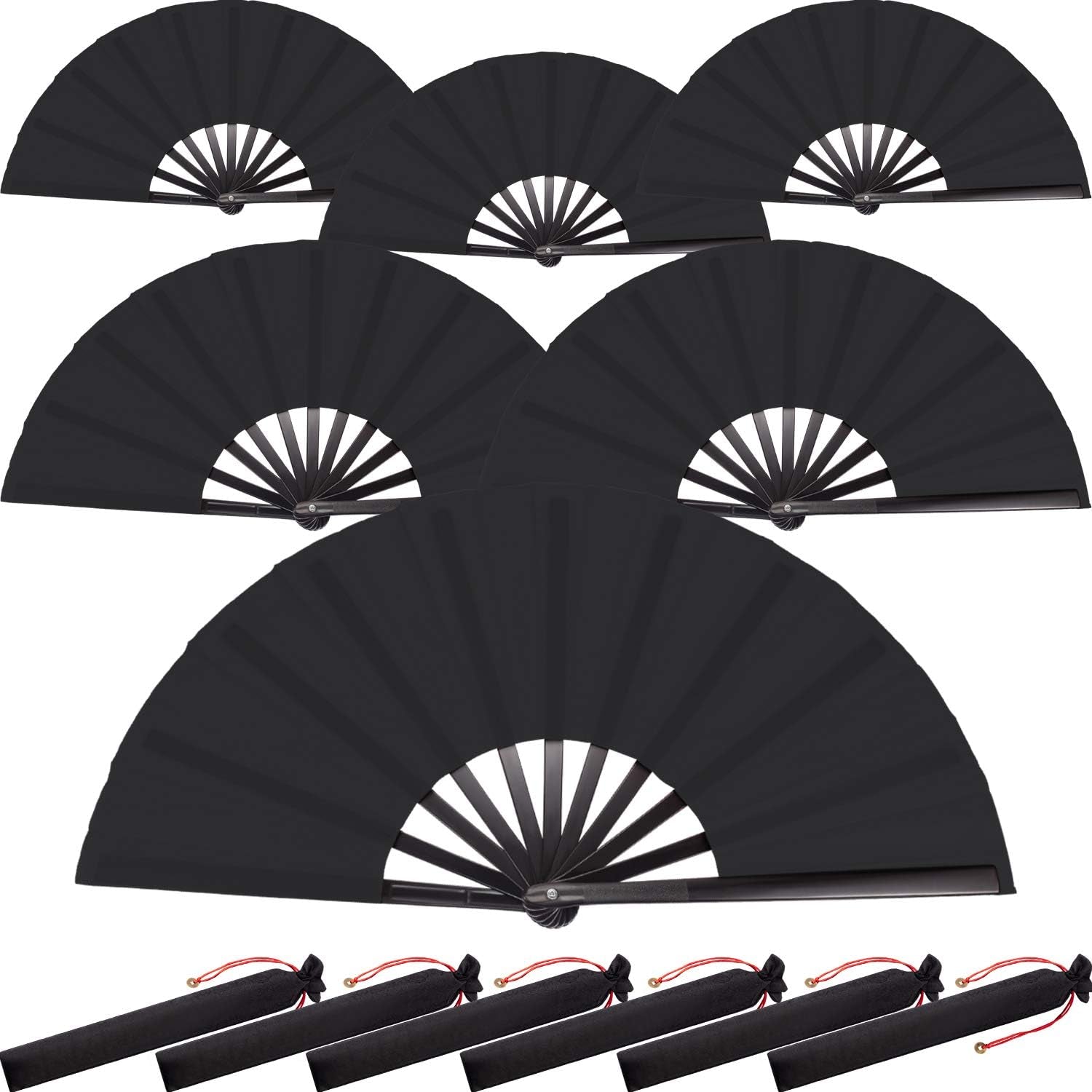 6 Packs Large Clap Fans for Line Dancing Large Chinese Folding Hand Fans for Men and Women, Festival, Tai Ji, Kungfu, Martial Art, Gifts (Black)