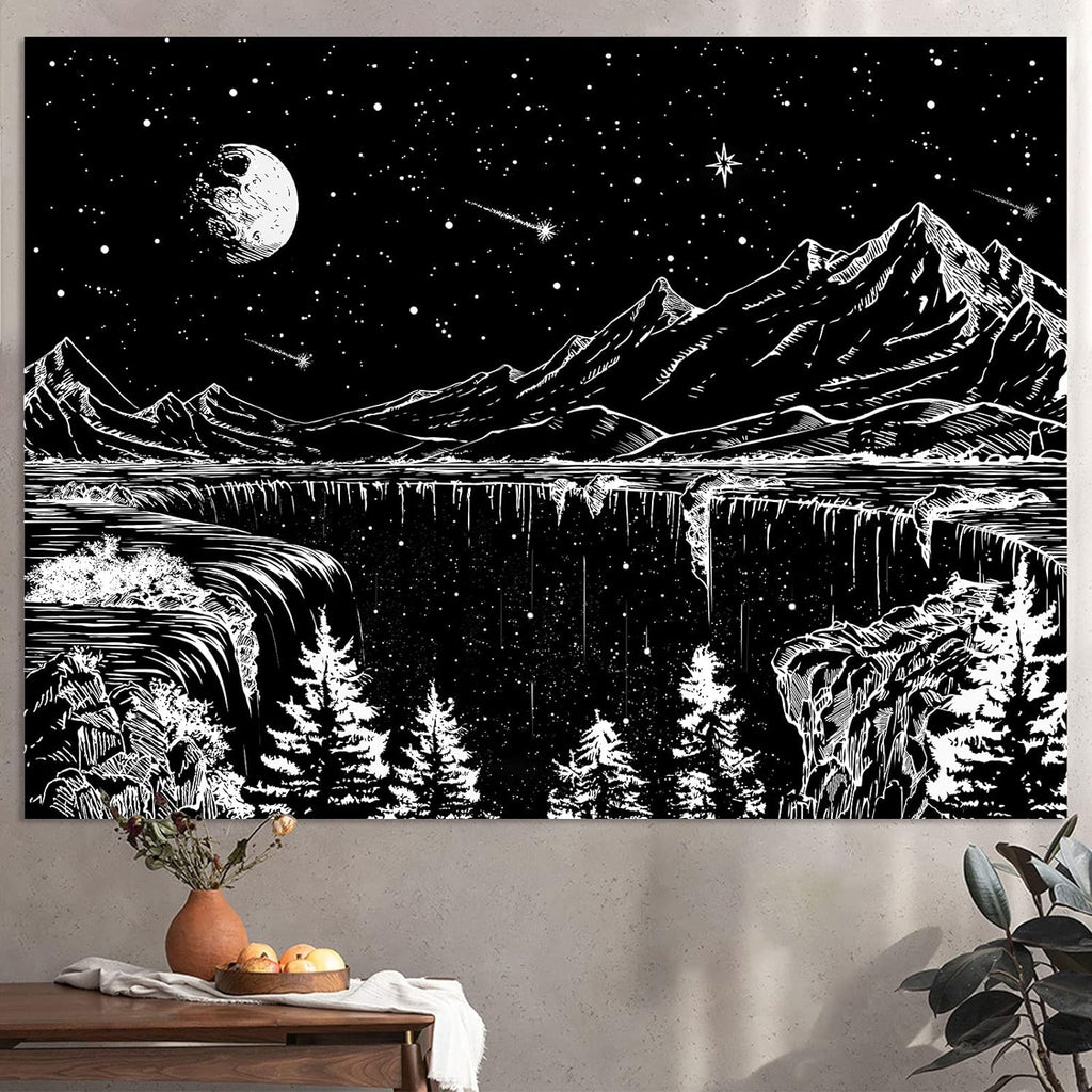 Black and White Tapestry Starry Night Mountain Tapestries for Bedroom Aesthetic Moon and Stars Tapastry'S Wall Hanging Dark Nature Forest Wall Tapestry for Living Room Dorm (48'' × 36'')