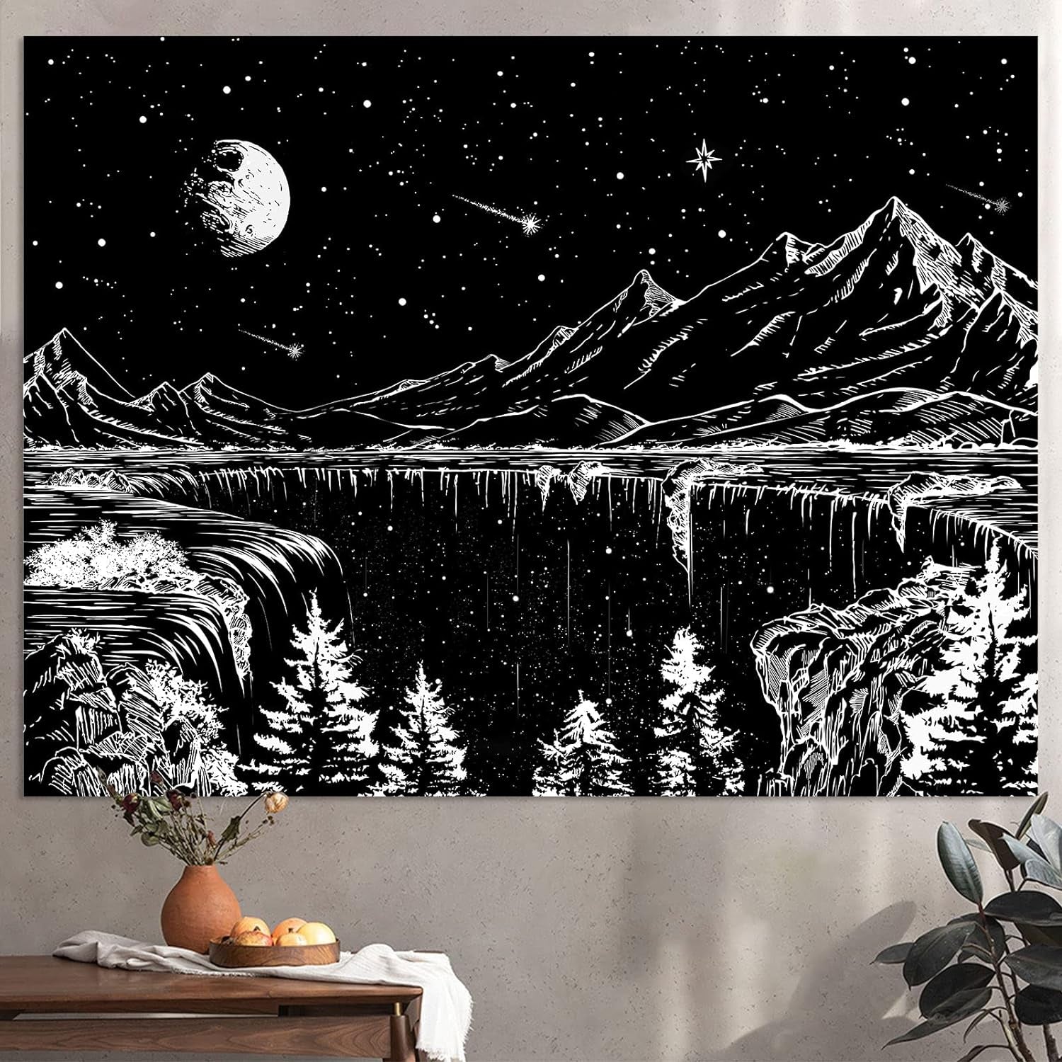 Black and White Tapestry Starry Night Mountain Tapestries for Bedroom Aesthetic Moon and Stars Tapastry'S Wall Hanging Dark Nature Forest Wall Tapestry for Living Room Dorm (48'' × 36'')