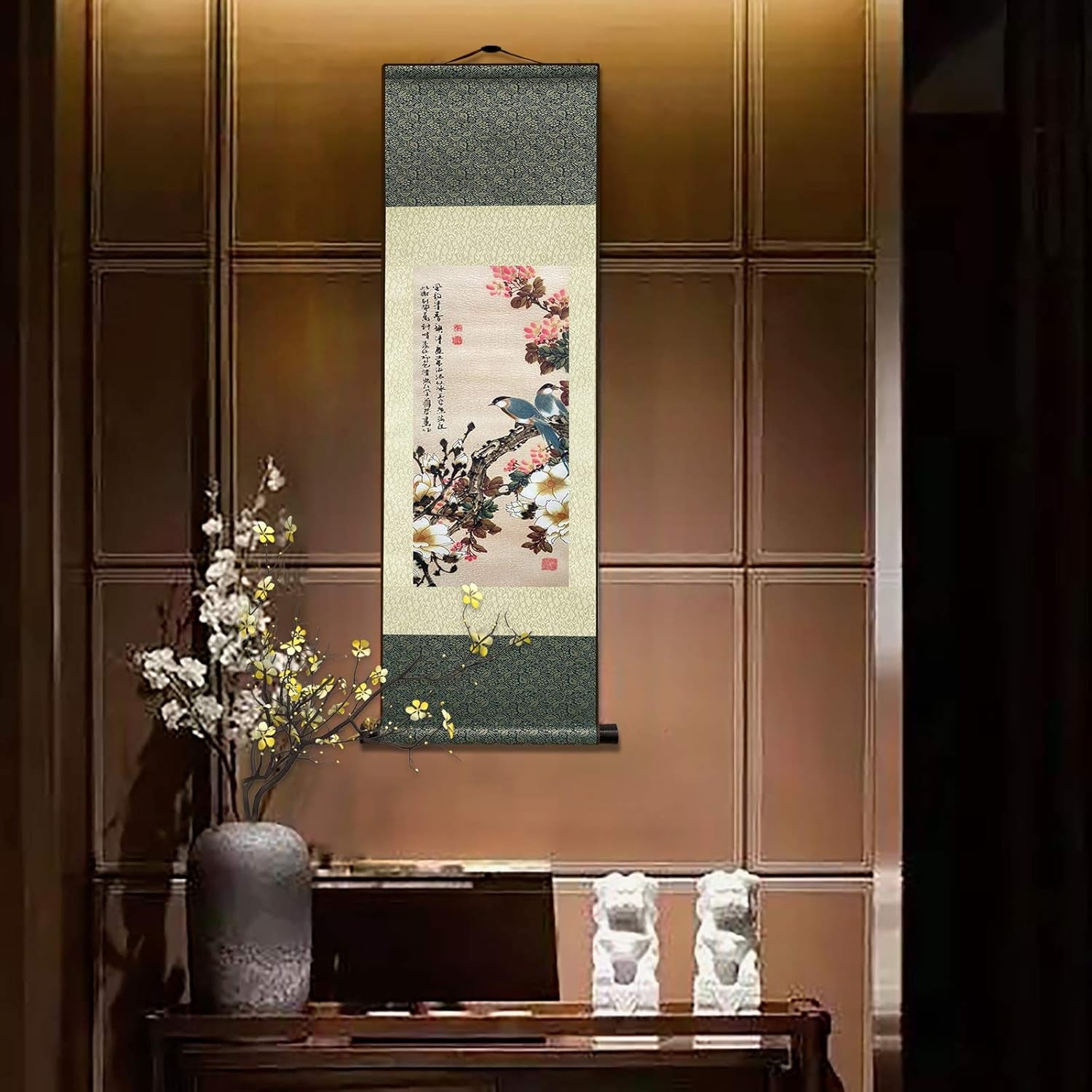 Asian Wall Decor Beautiful Silk Scroll Painting Flowers and Birds Oriental Decor Chinese Art Wall Scroll Wall Hanging Painting Scroll (36.2 X 12 In)