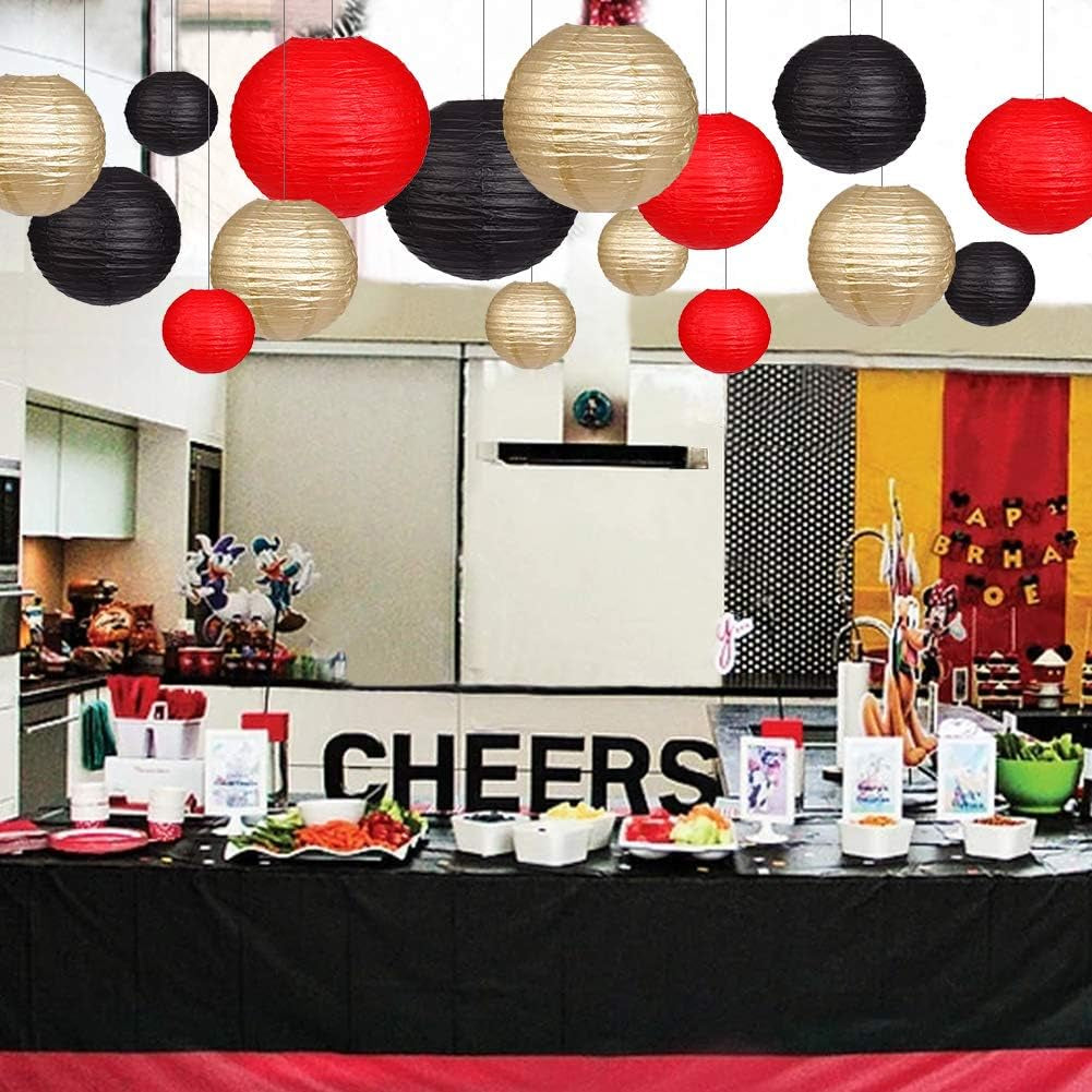 Paper Lanterns Decorative, round Hanging Paper Lanterns Decorations for Wedding Graduation Anniversary Birthday Party Supplies Black/Gold/Red 15Pcs