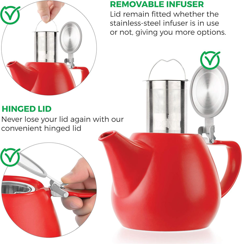 - Jove Porcelain Large Teapot Red - 34.0-Ounce (3-4 Cups) - Japanese Made - Stainless Steel Lid and Extra-Fine Infuser to Brew Loose Leaf Tea - 1000Ml