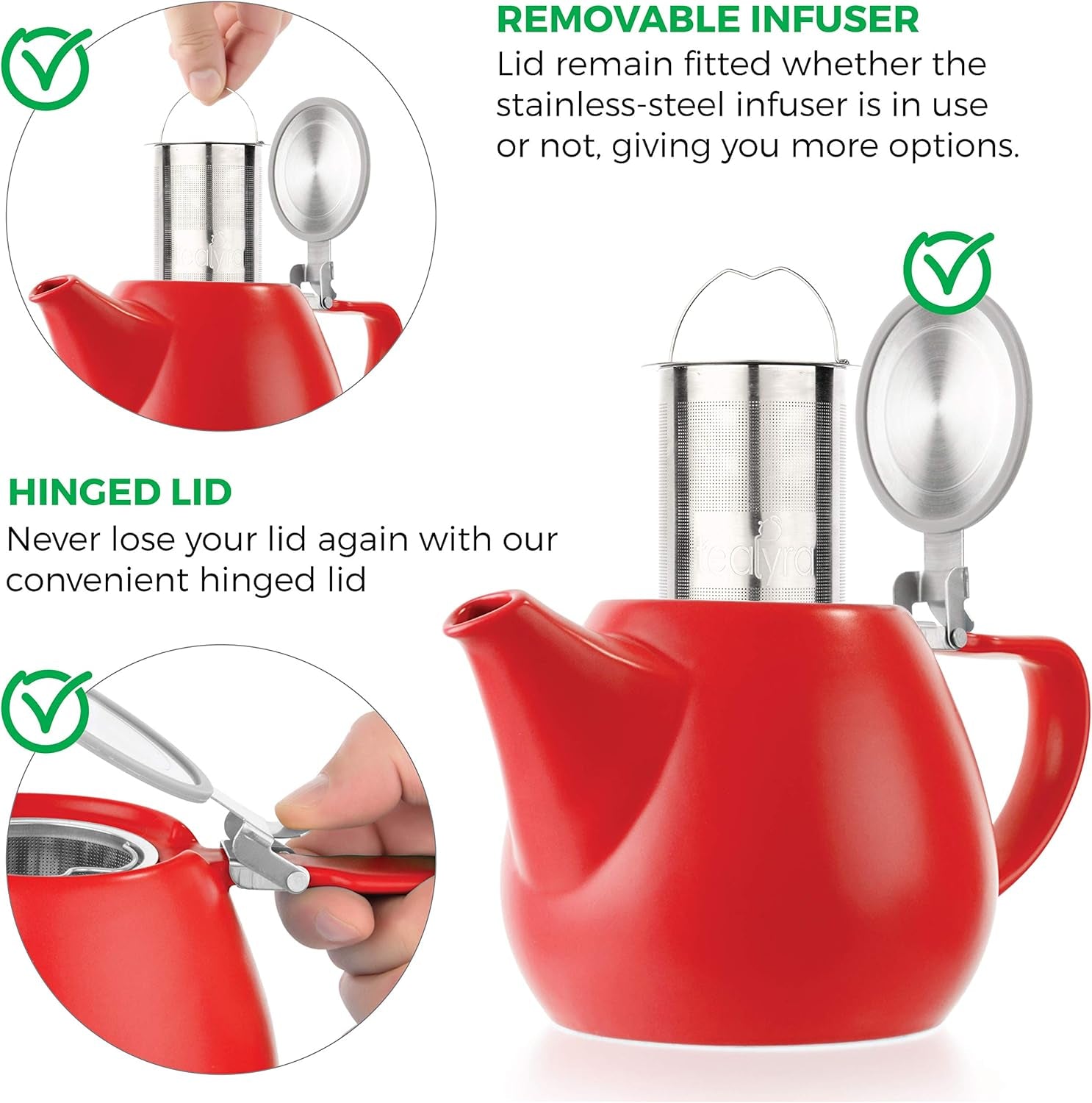 - Jove Porcelain Large Teapot Red - 34.0-Ounce (3-4 Cups) - Japanese Made - Stainless Steel Lid and Extra-Fine Infuser to Brew Loose Leaf Tea - 1000Ml