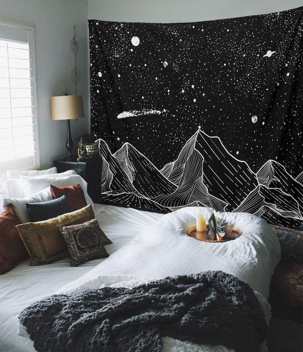 Black and White Tapestry Starry Night Mountain Tapestries for Bedroom Aesthetic Moon and Stars Tapastry'S Wall Hanging Dark Nature Forest Wall Tapestry for Living Room Dorm (Dark, 80'' × 60'')