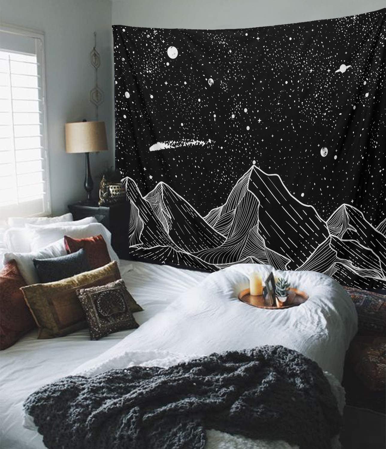 Black and White Tapestry Starry Night Mountain Tapestries for Bedroom Aesthetic Moon and Stars Tapastry'S Wall Hanging Dark Nature Forest Wall Tapestry for Living Room Dorm (Dark, 80'' × 60'')