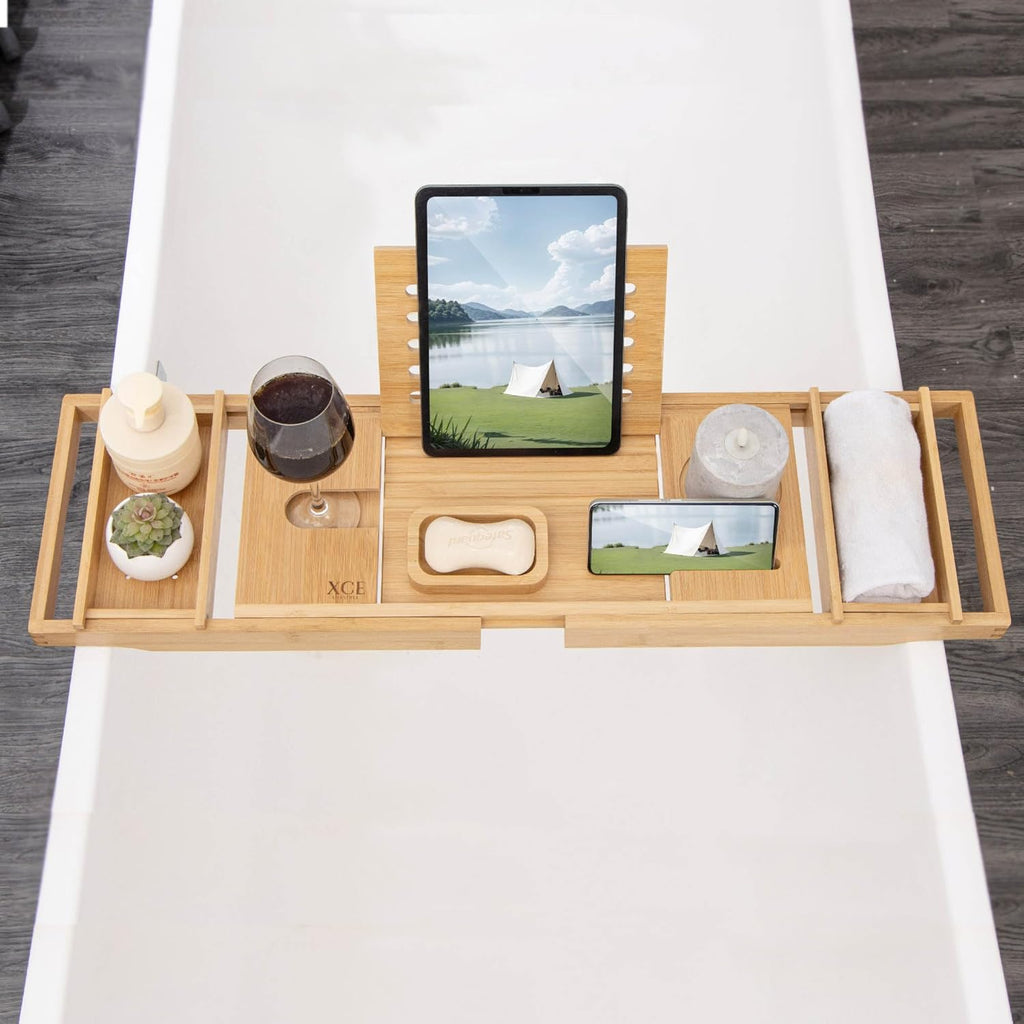 Bathtub Caddy Tray Expandable to 105Cm with Bamboo Book Stand and Soap Tray, Natural