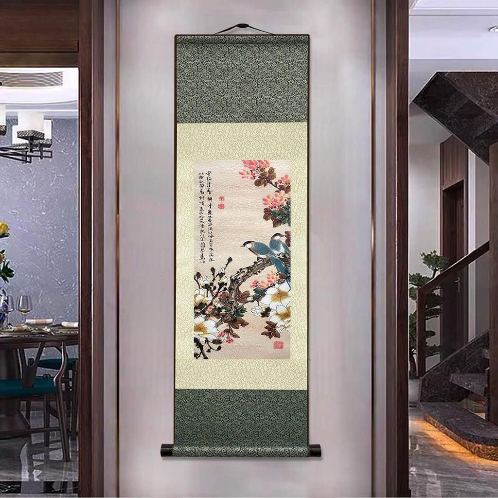 Asian Wall Decor Beautiful Silk Scroll Painting Flowers and Birds Oriental Decor Chinese Art Wall Scroll Wall Hanging Painting Scroll (36.2 X 12 In)