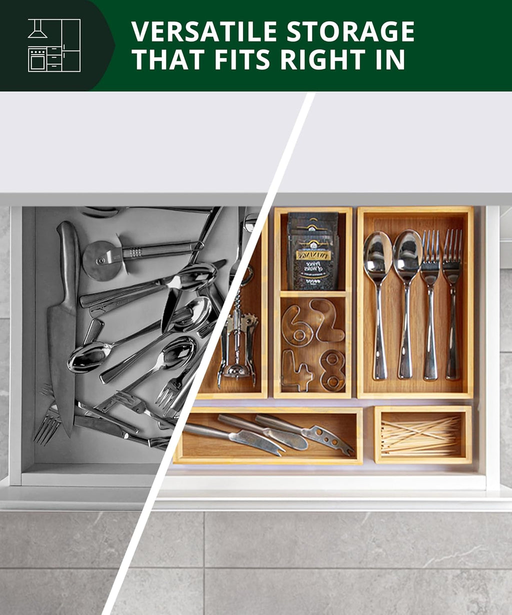 5-Piece Bamboo Drawer Organizer Set – Multi-Use Storage Trays for Kitchen, Bathroom, Office, Makeup, Jewelry & More – Junk Drawer Tray, Utensil Holder, Storage Box & Bin Set (5 Boxes)